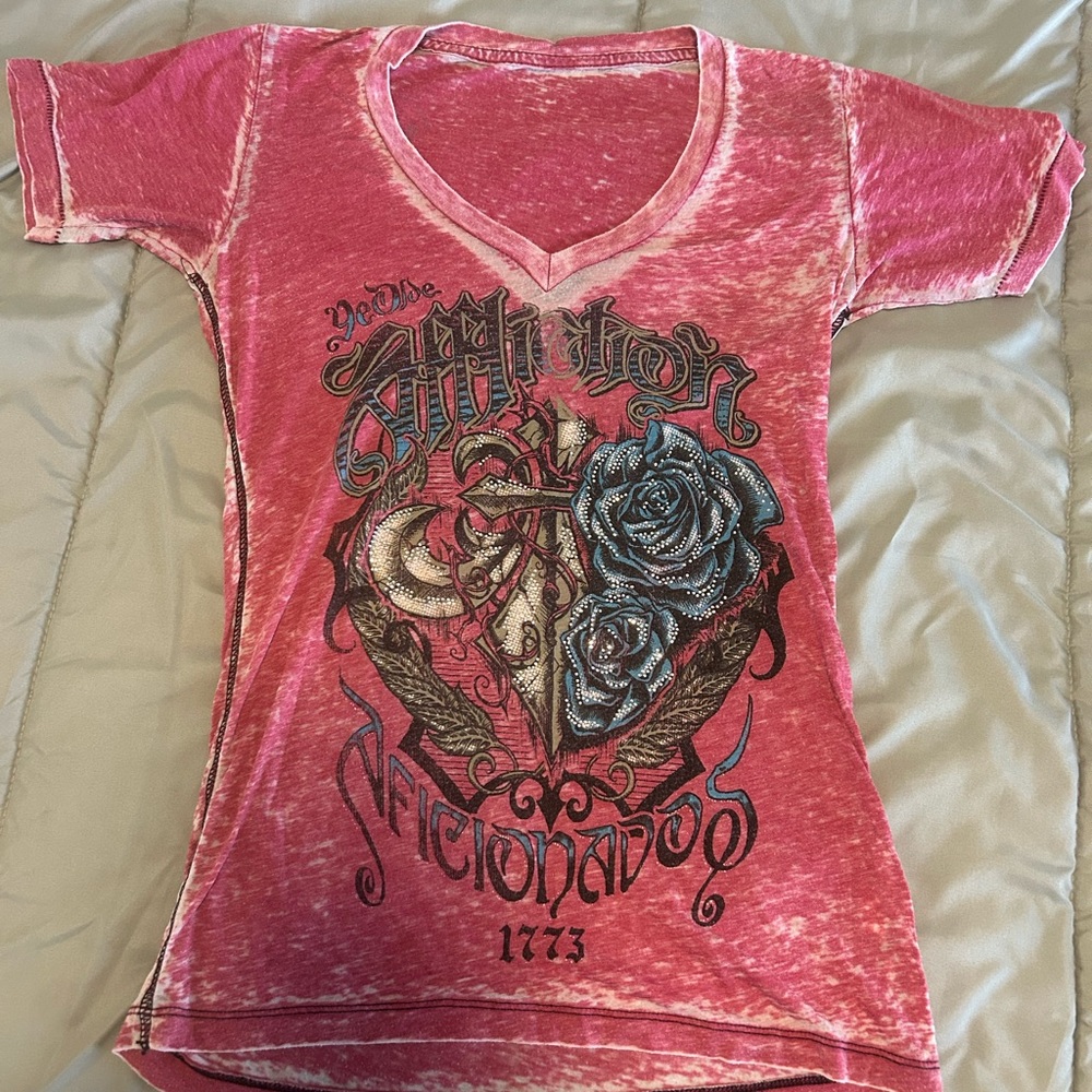 Affliction Tee with Blue Rose Design
